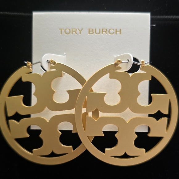 Tory Burch Jewelry - Tory Burch Gold Miller Logo Hoop Earrings
